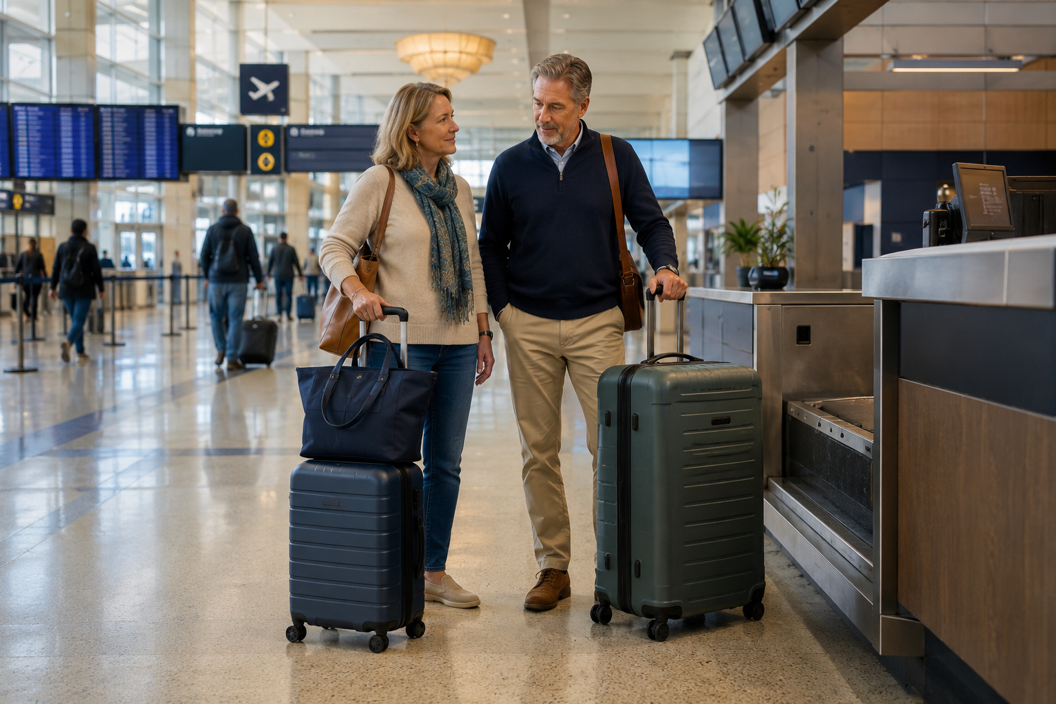 Mature couple at an airport check-in counter deciding between taking a carry-on suitcase and checking a larger bag.