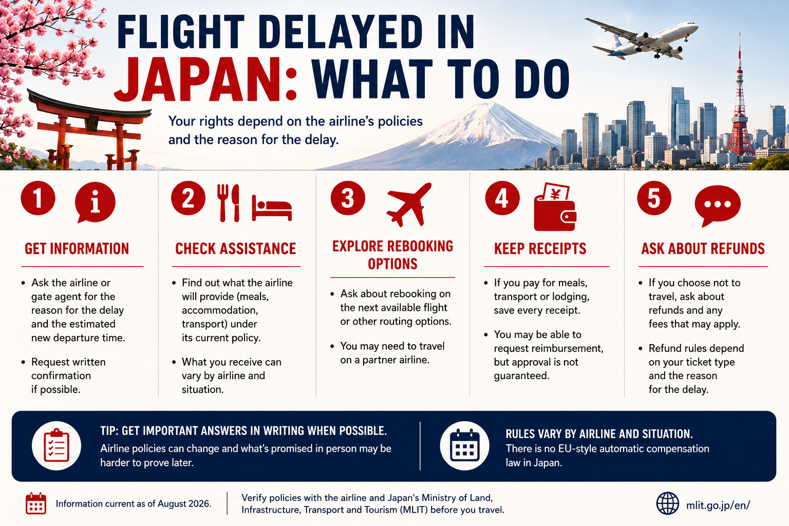 Five steps for handling a flight delay in Japan: get information, check airline assistance, explore rebooking, keep receipts and ask about refund options.