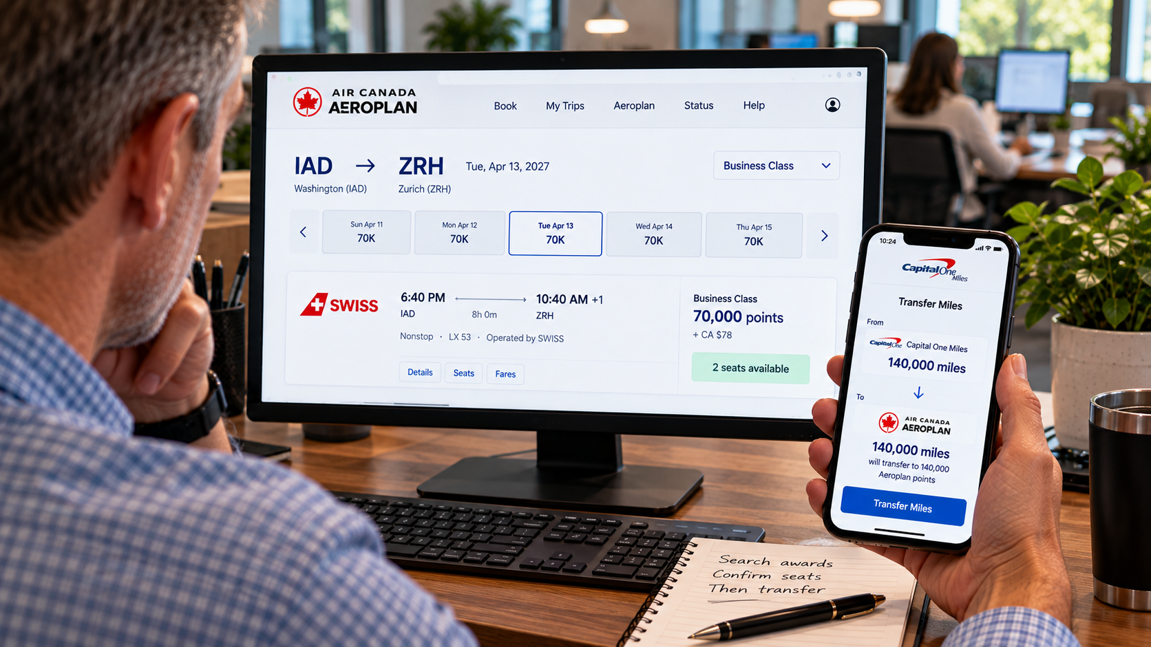 Traveler confirming two SWISS business-class award seats through Air Canada Aeroplan before transferring Capital One miles.