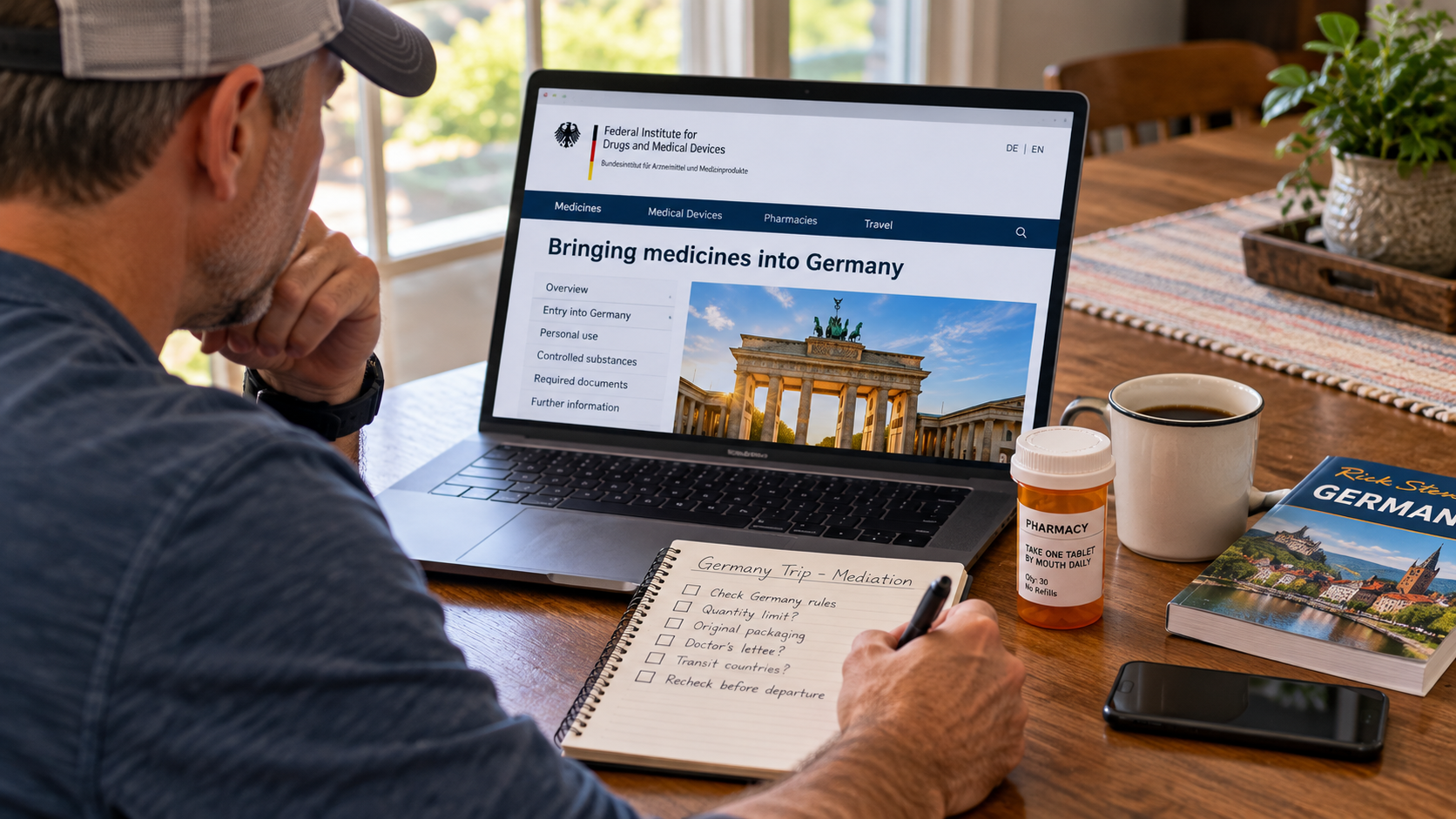 Traveler at home researching medication rules for Germany before an international trip, with prescription medication nearby.