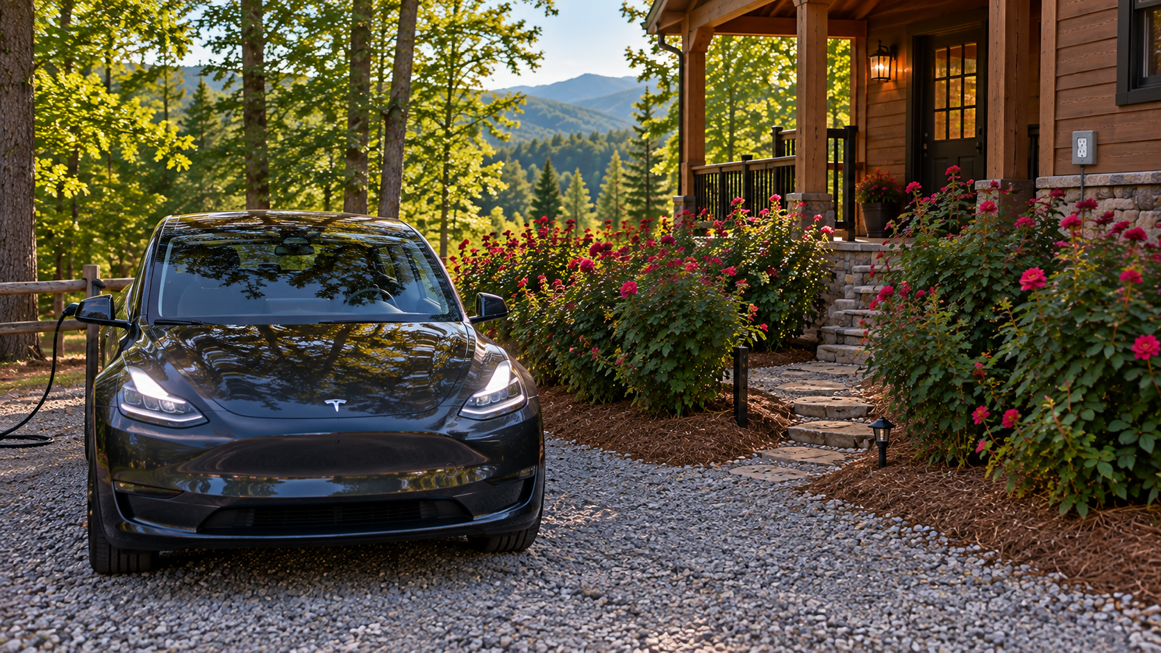 Dark Tesla Model Y parked outside a North Georgia rental home, separated from a household charging outlet by rose bushes and a narrow walkway.