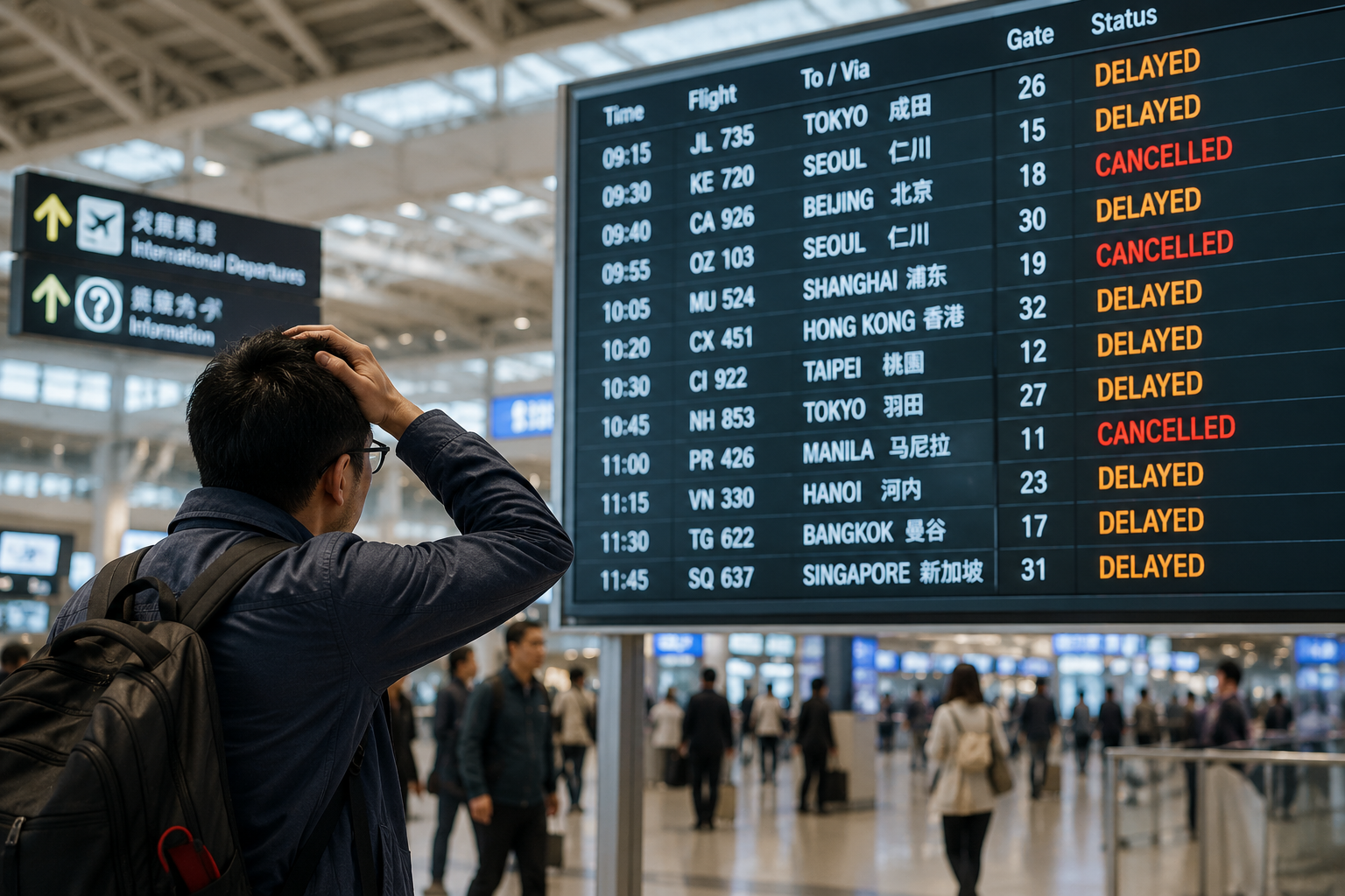 Stressed traveler looking at an airport flight-status board showing delayed and canceled flights to destinations across East Asia.