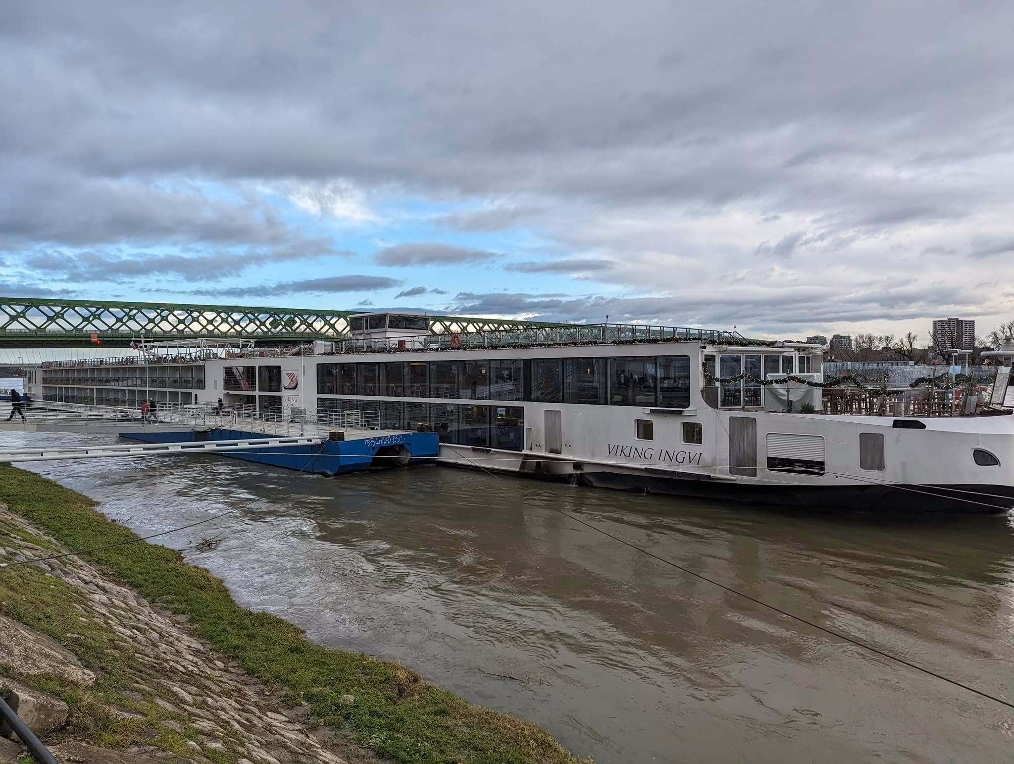Viking Ingvi river cruise ship docked along the Danube in Passau, Germany, during a Christmas cruise in December 2023.