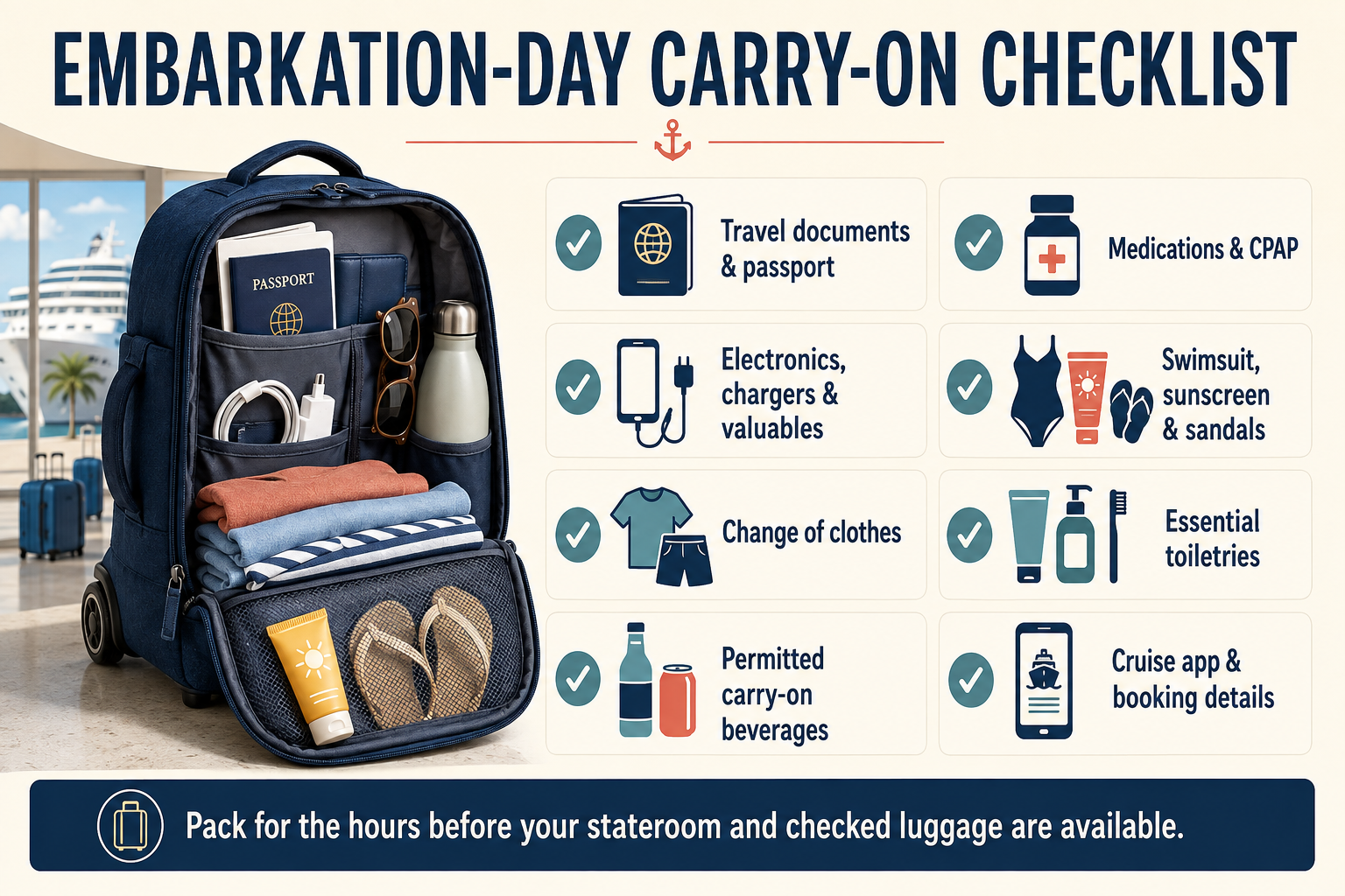 Cruise embarkation-day carry-on checklist featuring travel documents, medications, CPAP, valuables, swimwear, clothing, toiletries, beverages, and booking details.
