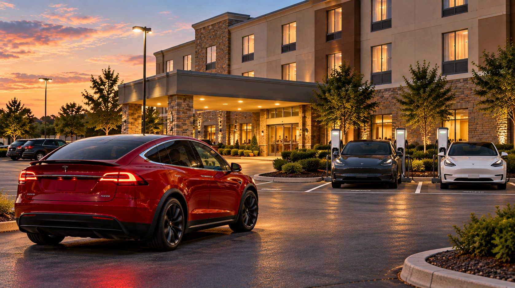 Red Tesla Model X arriving at a roadside hotel with EVs backed into Level 2 charging spaces for overnight charging.