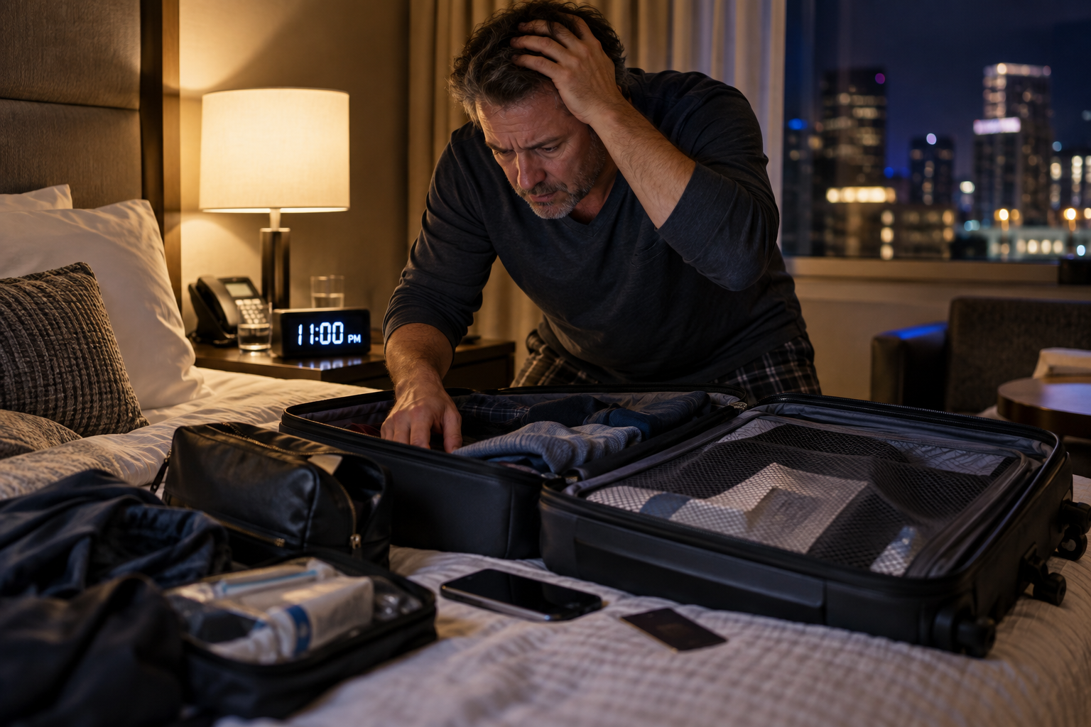 Traveler searching an open suitcase in a hotel room late at night after discovering prescription medication is missing.