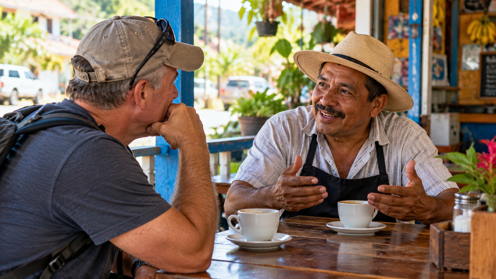 Traveler talking with a local over drinks at a casual neighborhood café while looking for local travel advice.
