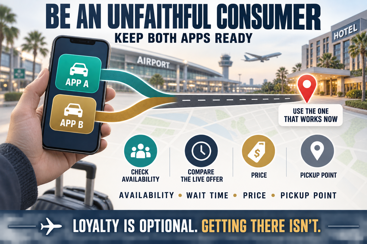 Traveler comparing two rideshare apps before choosing the option that works best based on availability, wait time, price and pickup location.