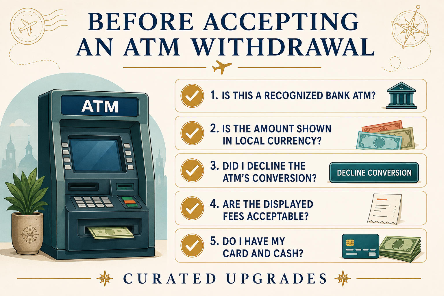 Five-point checklist for safely withdrawing local currency from a recognized bank ATM while traveling abroad