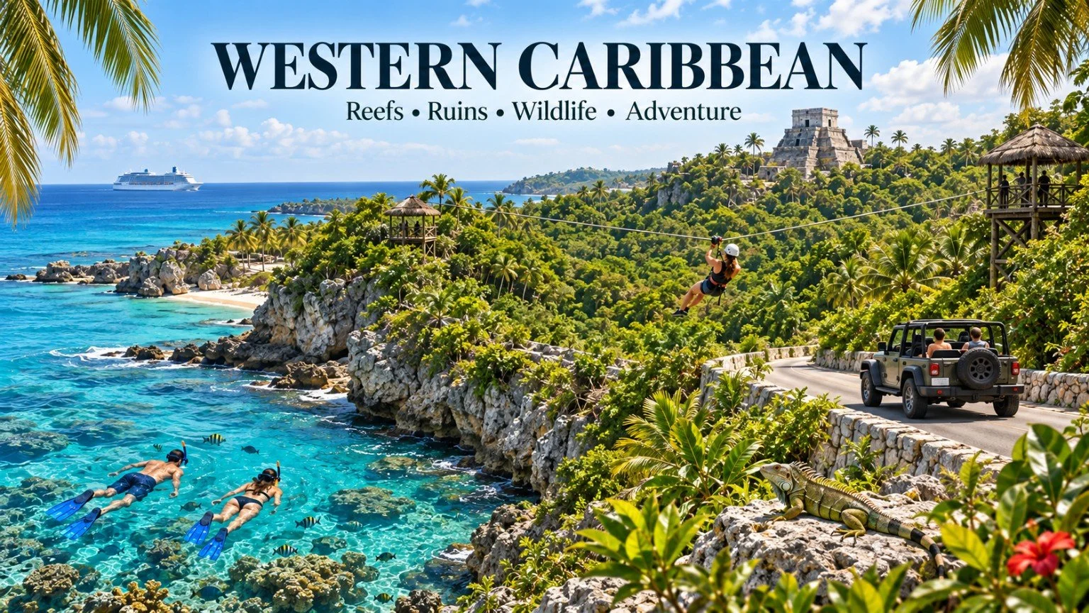 Western Caribbean cruise experiences featuring snorkeling on a coral reef, Maya ruins, ziplining and tropical wildlife.