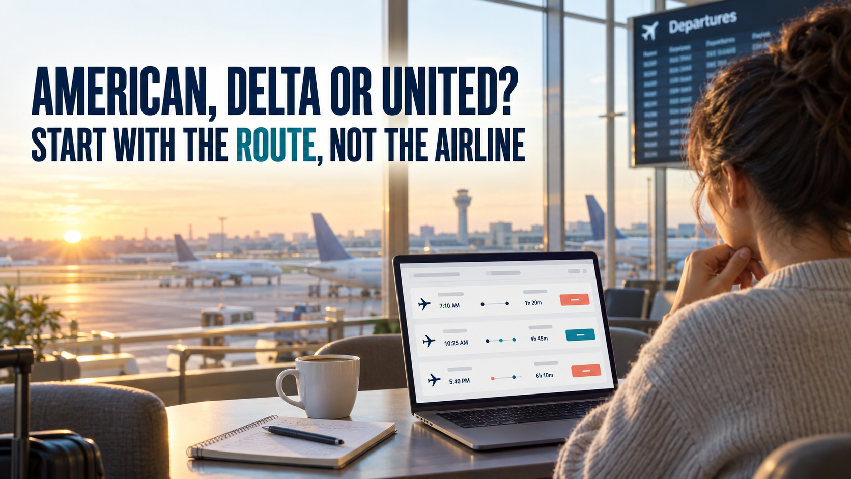 Traveler at an airport comparing several flight itineraries on a laptop beneath the headline “American, Delta or United? Start With the Route, Not the Airline.”