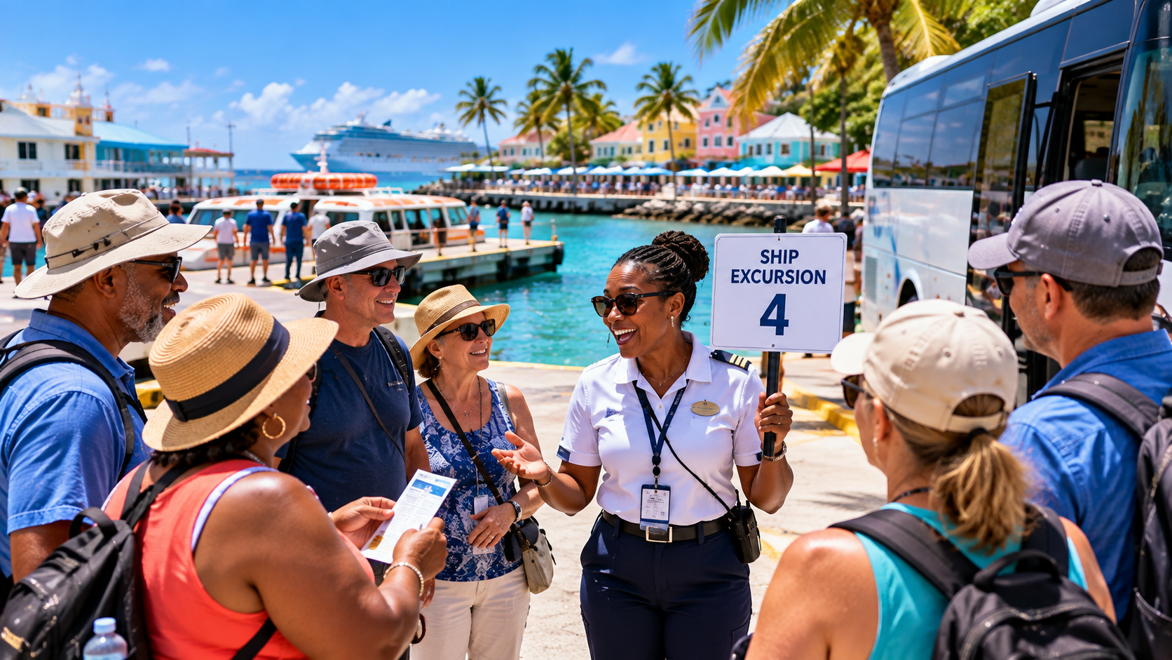 Cruise passengers meeting their ship-sponsored excursion guide at a Caribbean tender landing, with a tour bus and cruise ship visible nearby.