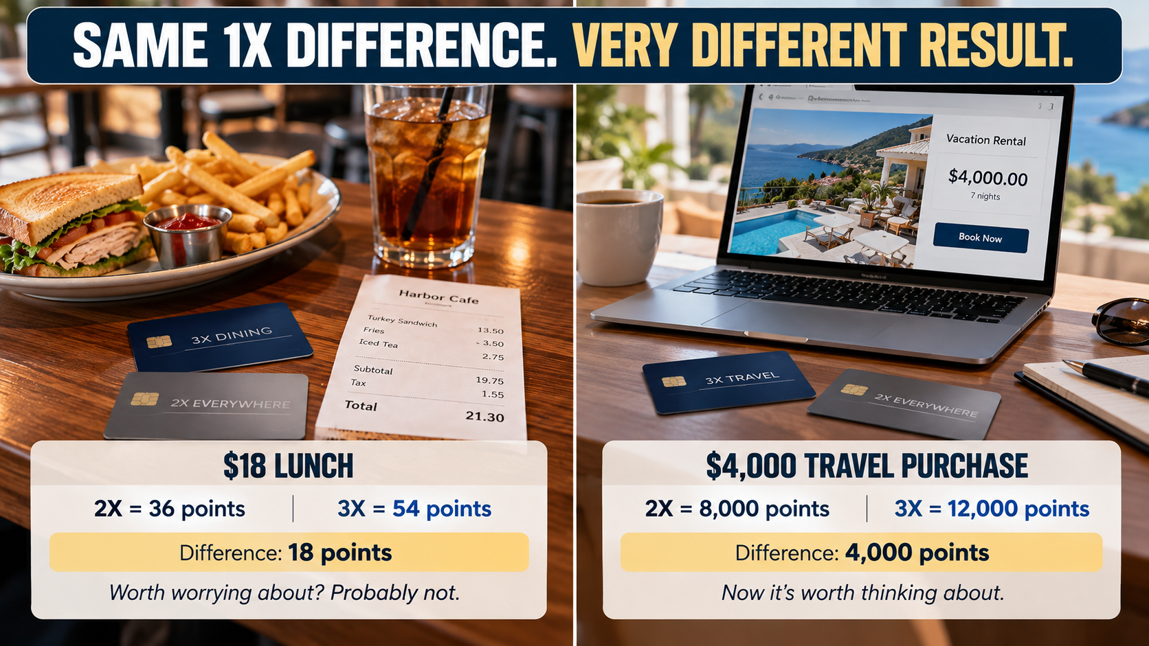 Side-by-side comparison showing how choosing a 3X card instead of a 2X card earns just 18 additional points on an $18 lunch but 4,000 additional points on a $4,000 travel purchase.