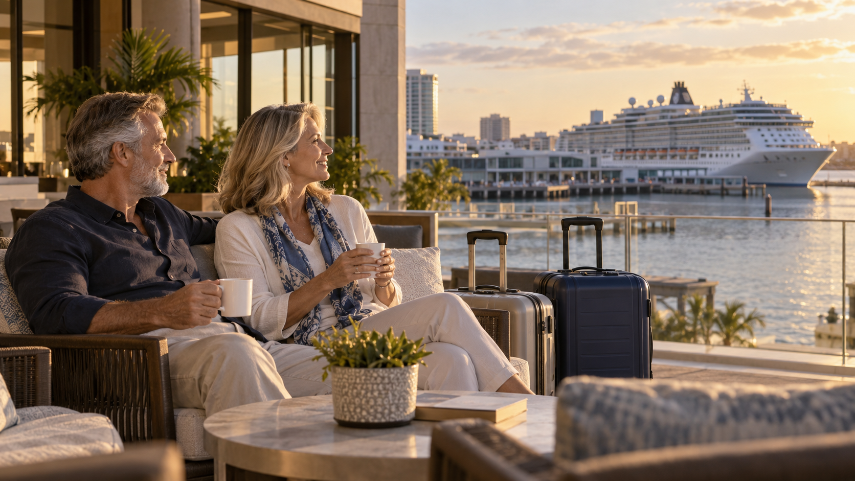 Relaxed mature cruise travelers enjoying coffee at a waterfront hotel with their luggage nearby and a docked cruise ship across the harbor.
