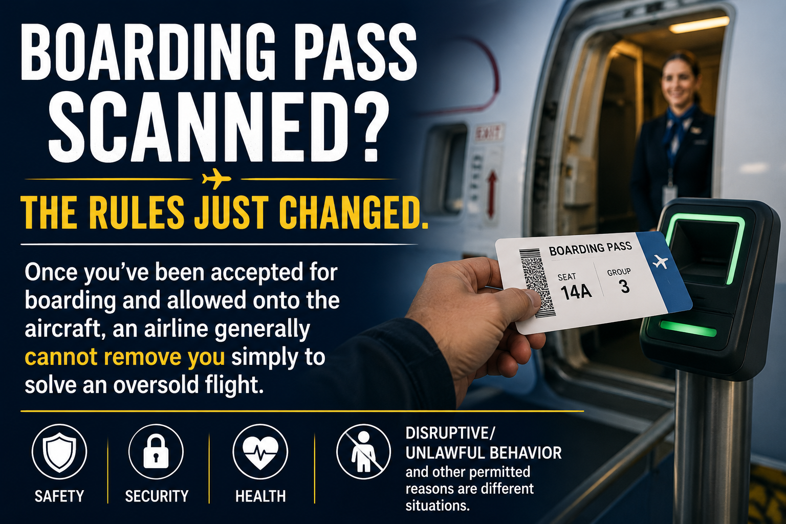 Airline boarding pass being scanned with an explanation that passengers generally cannot be removed after boarding simply to resolve an oversold flight.