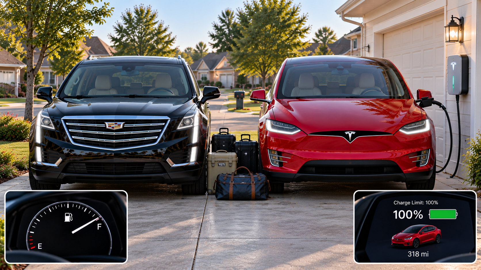 Black Cadillac XT5 and red Tesla Model X ready for a road trip, with a full gasoline gauge and 100 percent battery charge shown below.