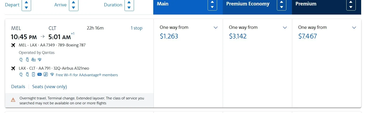 American Airlines fares from Melbourne to Charlotte showing economy at $1,263, premium economy at $3,142 and business at $7,467.