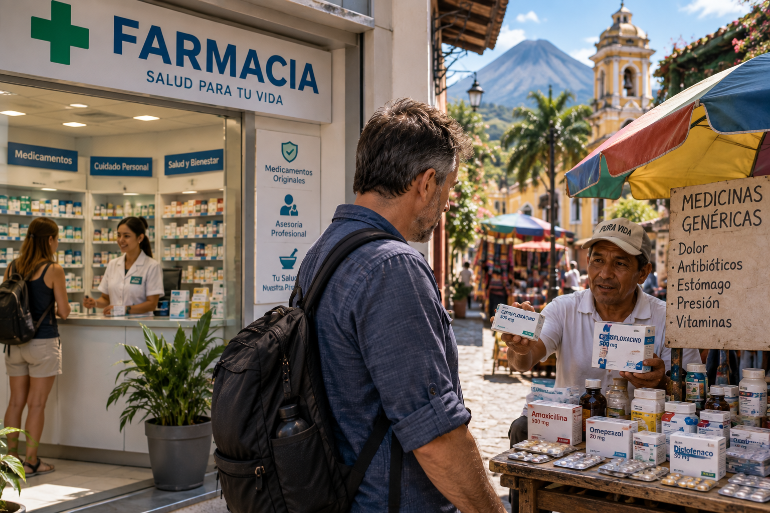 Traveler in Central America standing between an established pharmacy and an informal street seller offering medications.