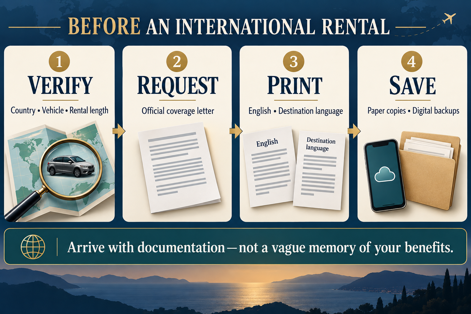 Four-step international rental-car checklist advising travelers to verify the country, vehicle and rental duration; request an official coverage letter; print it in English and the destination language; and retain paper and digital copies.