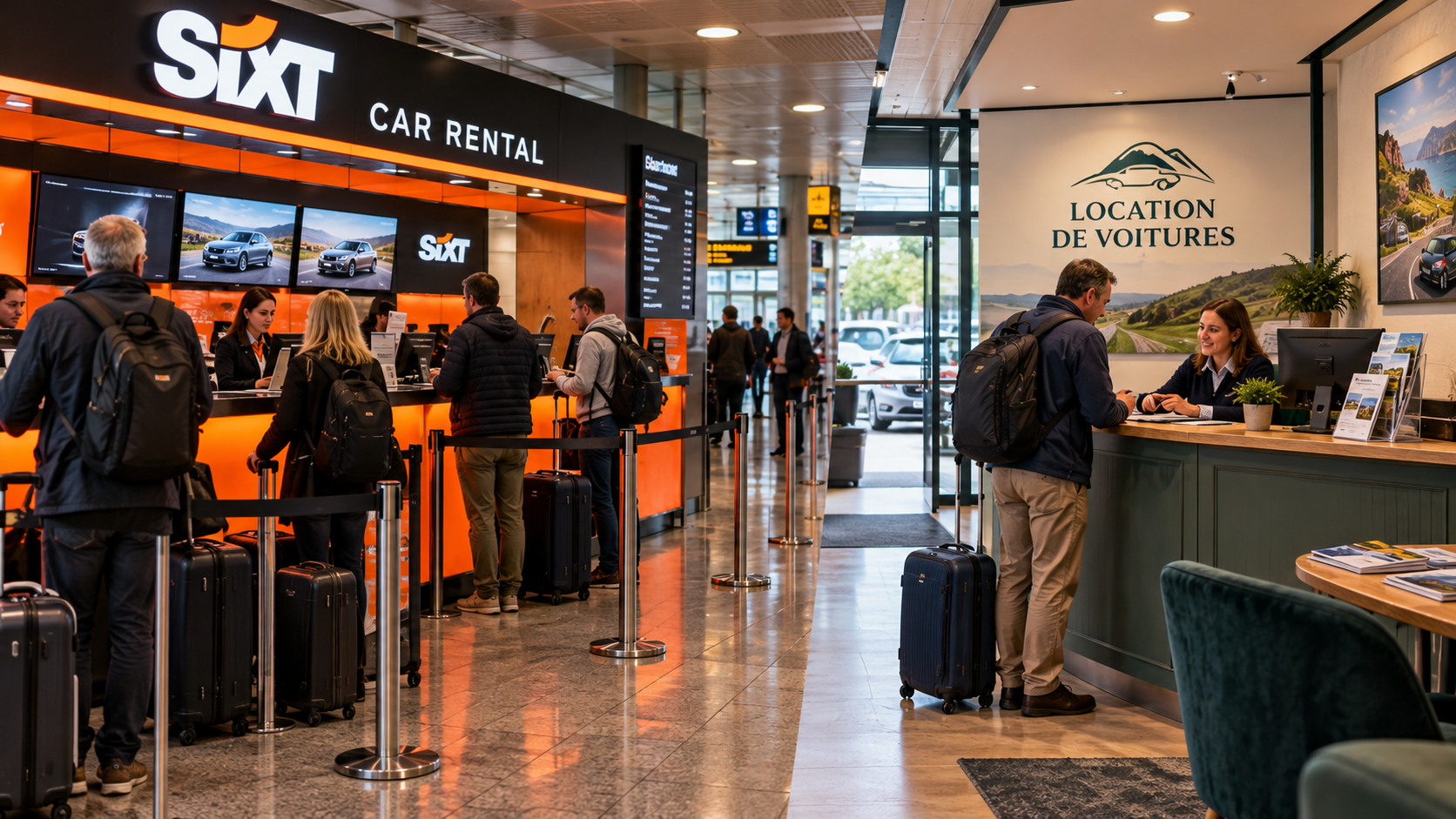 A busy SIXT rental counter alongside a smaller independent European rental desk, illustrating the choice between international and regional rental companies.