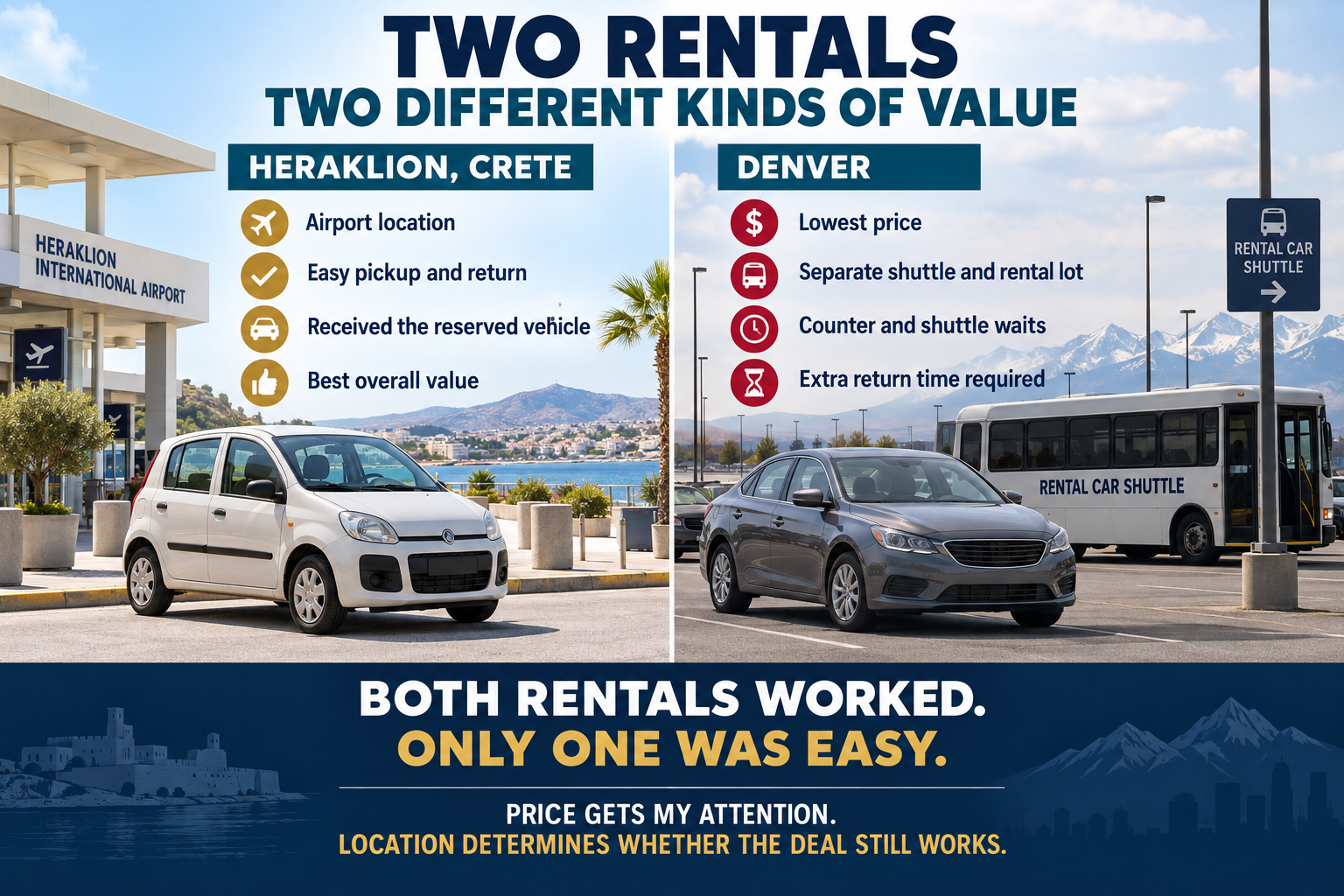 Comparison of the author’s airport rental experience in Heraklion, Crete, with an offsite rental in Denver, showing how location and waiting time affected the overall value.
