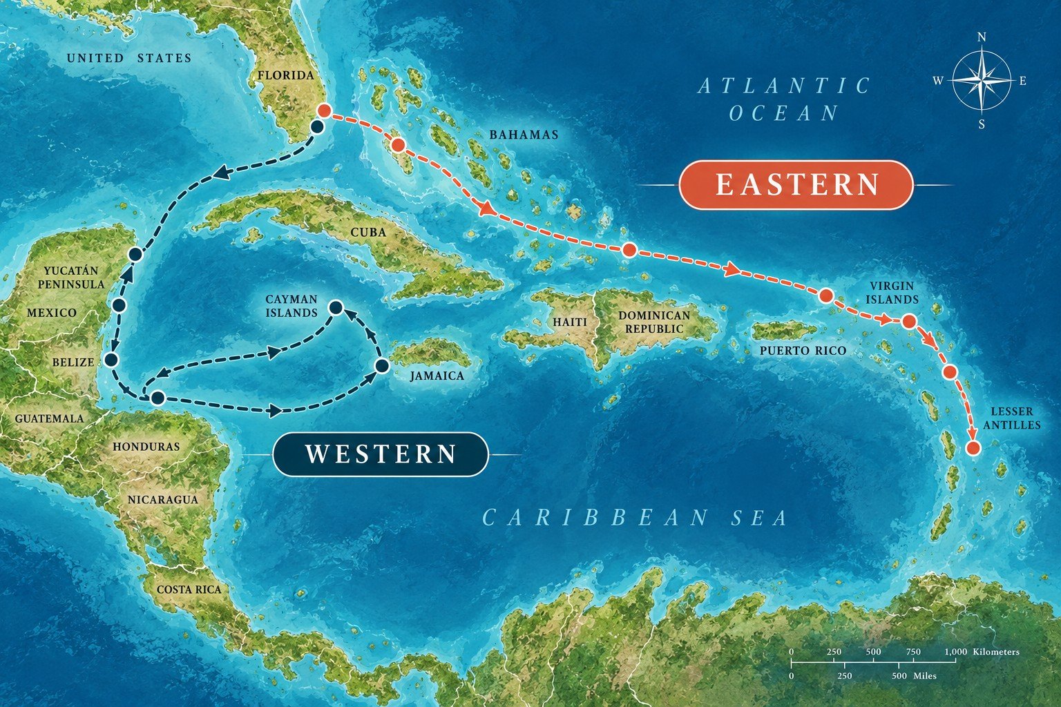 Map comparing typical Eastern and Western Caribbean cruise regions, with Eastern ports around Puerto Rico and the Virgin Islands and Western routes toward Mexico and Central America.