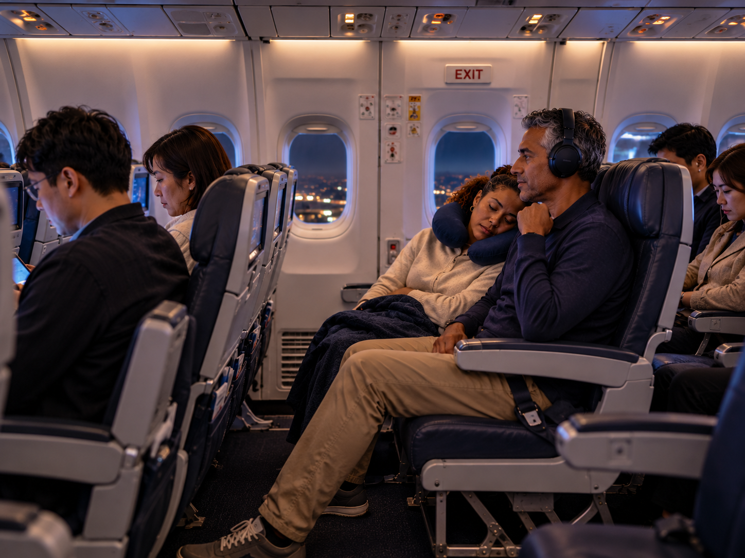 Alt text: A couple tries to rest in economy-class exit-row seats during a long flight to Tokyo, surrounded by other passengers.