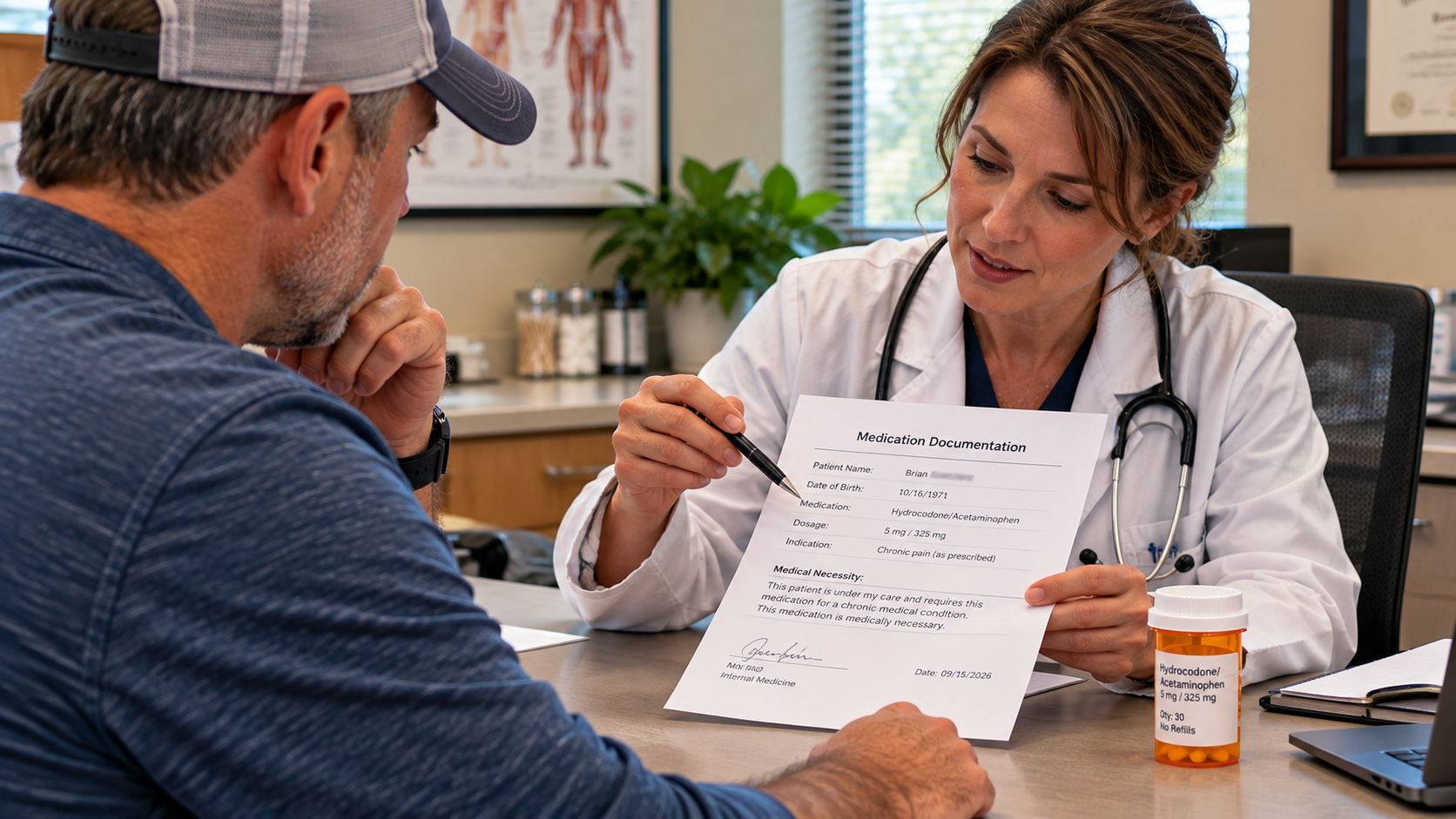 Doctor discussing prescription medication documentation with a traveler before an international trip.
