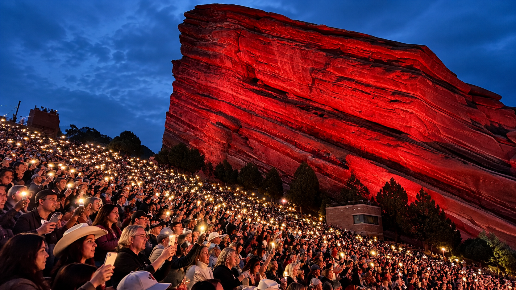 Red Rocks Amphitheatre near Denver, Colorado, with its outdoor stage and seating framed by towering red sandstone formations.