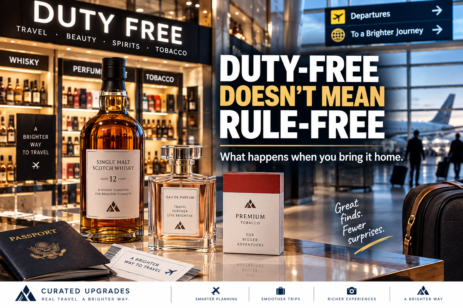 Airport duty-free shop displaying whisky, perfume and tobacco products with the message Duty-Free Doesn’t Mean Rule-Free.
