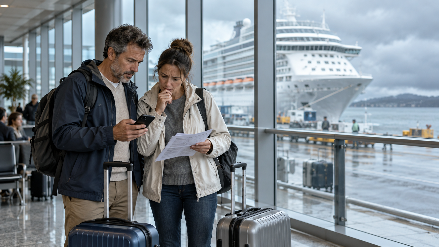 Cruise passengers checking travel information inside a terminal while their ship waits at the pier under overcast skies.