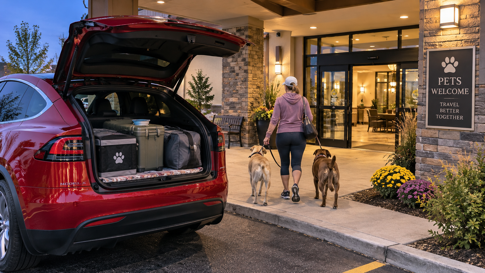 Traveler walking dogs toward a pet-friendly hotel after arriving in a red SUV on a road trip.