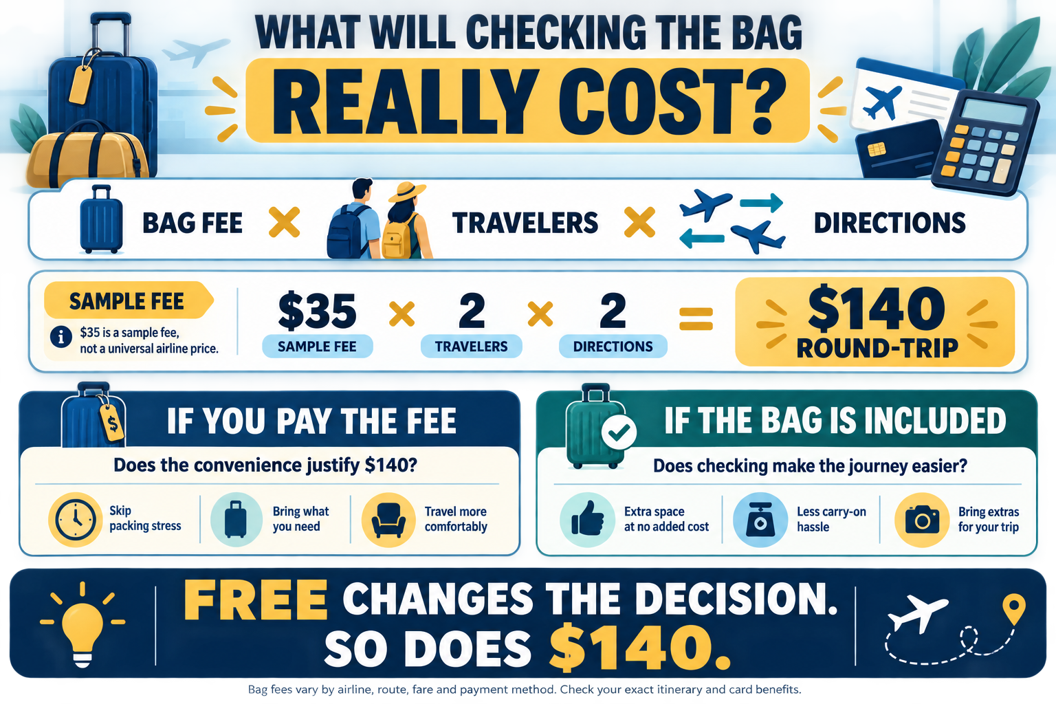 Checked-bag cost calculator using a sample $35 fee multiplied by two travelers and two directions for a total of $140 round-trip, with prompts to compare the cost against the convenience of checking luggage.