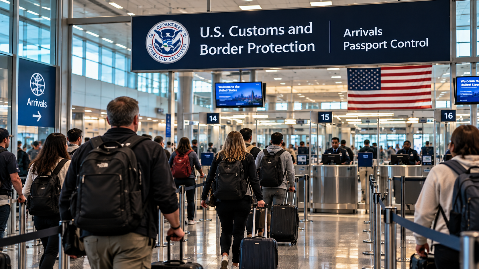 Travelers entering a U.S. Customs and Border Protection international arrivals area after an overseas flight.