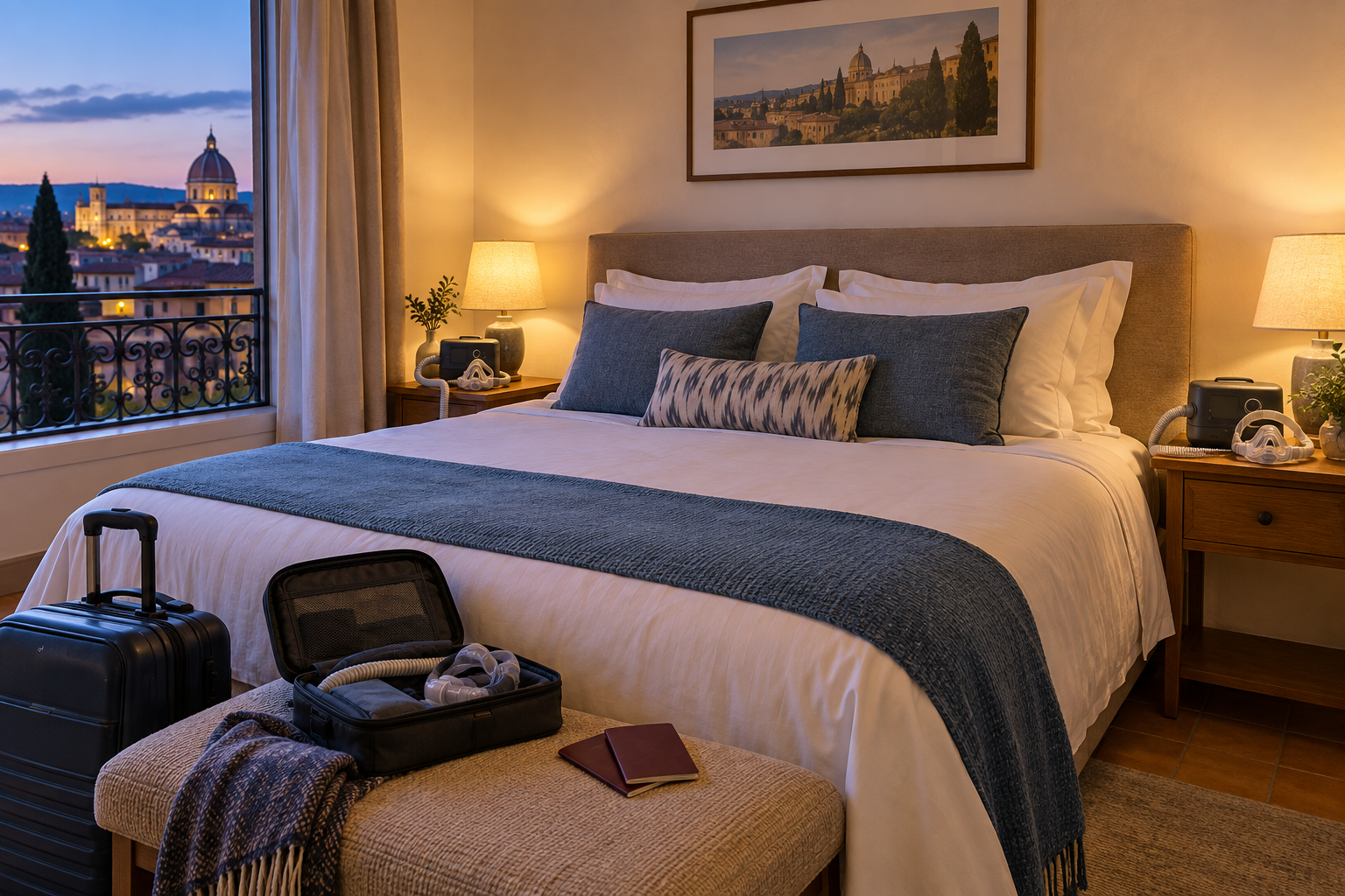 Two CPAP machines set up beside a bed in a warmly lit European hotel room, with a CPAP travel case, carry-on suitcase and passports nearby.
