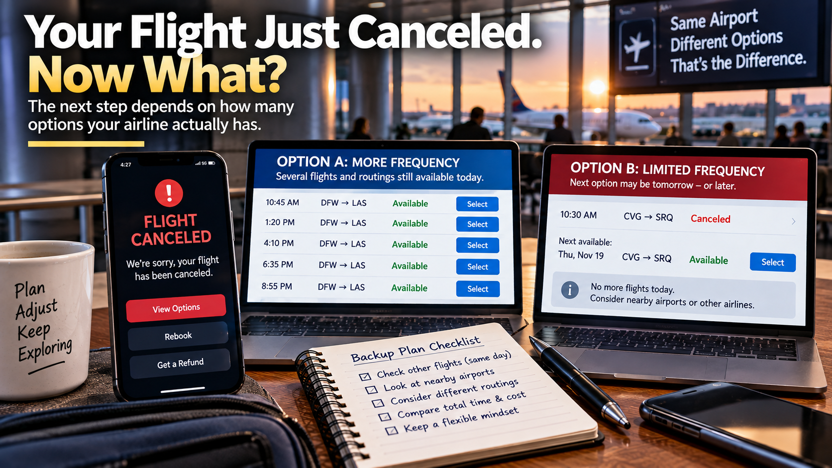 Canceled-flight comparison showing one traveler with several same-day flight alternatives and another with limited service, illustrating why flight frequency can affect disruption recovery options.