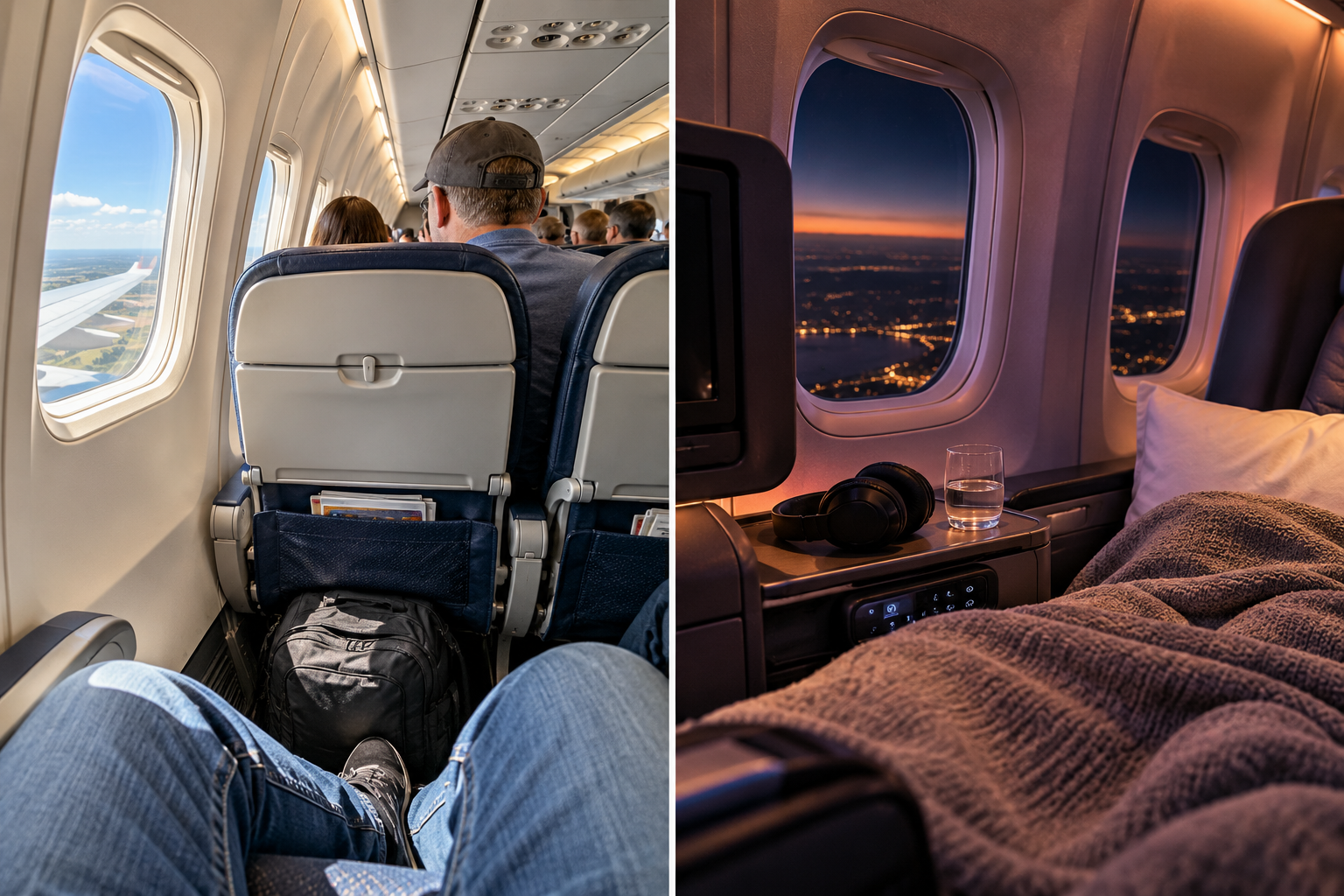 Standard economy seating on a short daytime flight contrasted with a more comfortable premium seat for a long overnight journey.