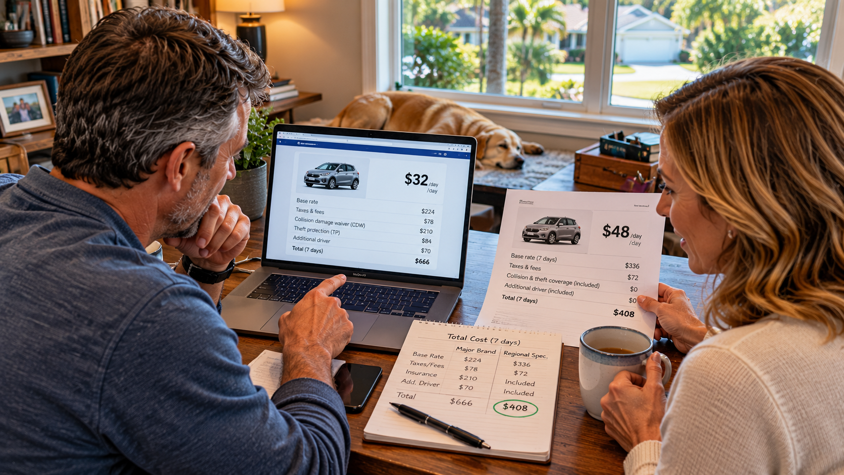 A couple compares illustrative rental car quotes on a laptop and notepad in their home office, showing how a lower daily rate can result in a higher total cost.
