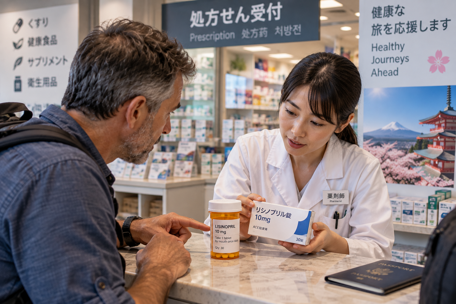 American traveler discussing prescription medication with a pharmacist in Japan while comparing his medication information with local packaging.