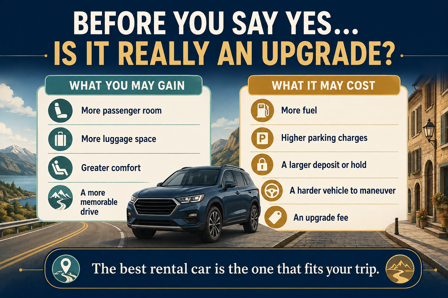 Rental-car comparison graphic weighing additional passenger room, luggage space and comfort against higher fuel costs, parking charges, deposits, maneuverability and upgrade fees.