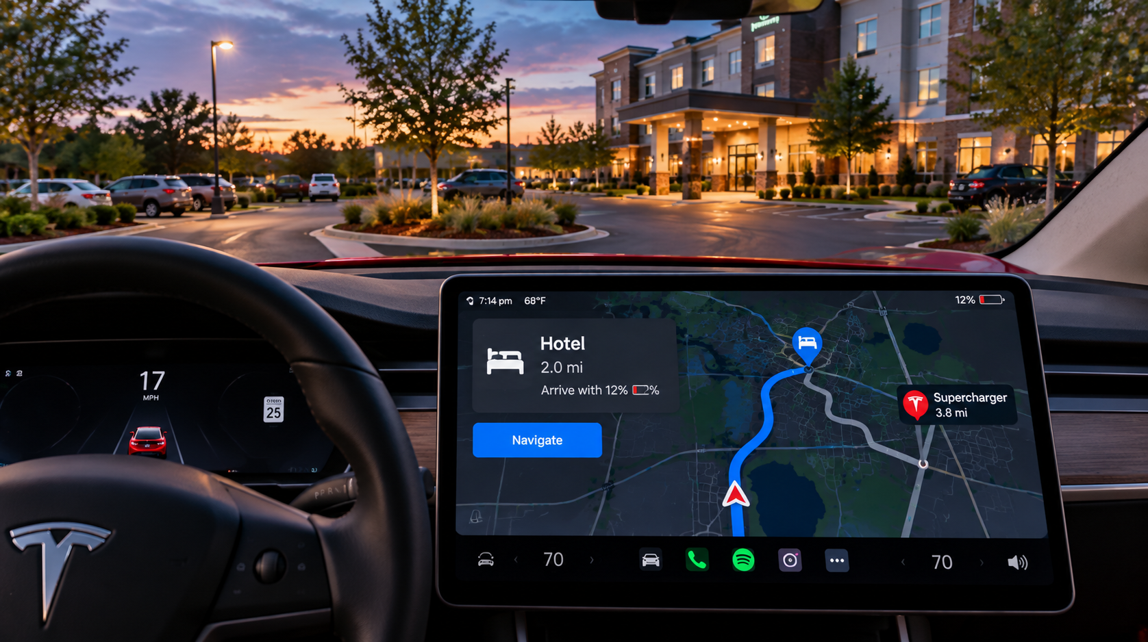 Tesla navigation showing an expected 12 percent battery level at a hotel with a nearby Supercharger available as a backup.