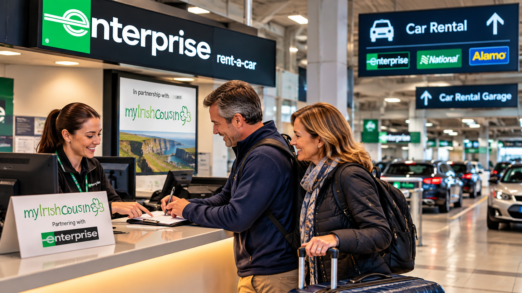 A couple completes rental paperwork at an Enterprise counter in Dublin Airport, with My Irish Cousin partnership signage and the nearby rental car garage.