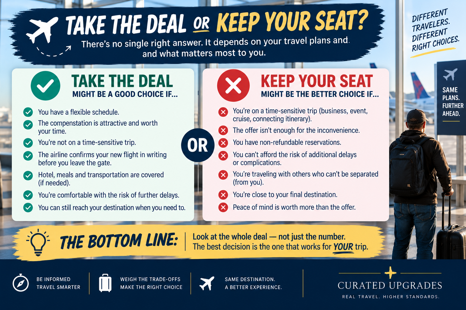 Decision guide comparing when a traveler might accept an airline's offer to give up a seat and when keeping the original seat may be the better choice, based on schedule flexibility, compensation, rebooking, expenses and travel risk.