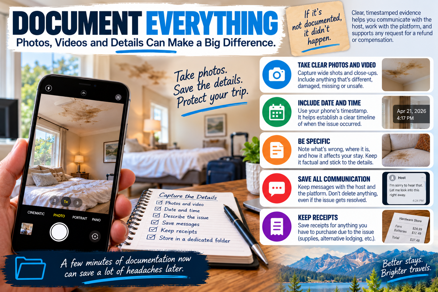 Traveler photographing problems inside a vacation rental, with reminders to take clear photos and video, preserve timestamps, describe the problem specifically, save communications and keep receipts for additional expenses.