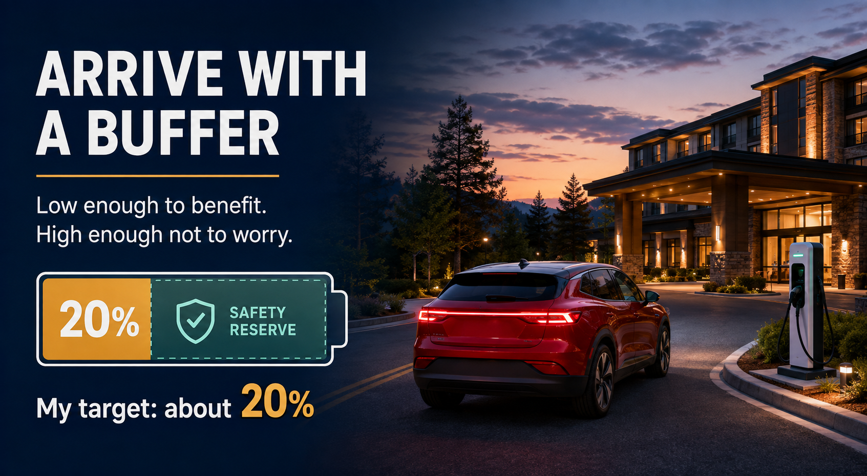 Electric vehicle arriving at a hotel with approximately 20 percent battery remaining, leaving a useful travel buffer.