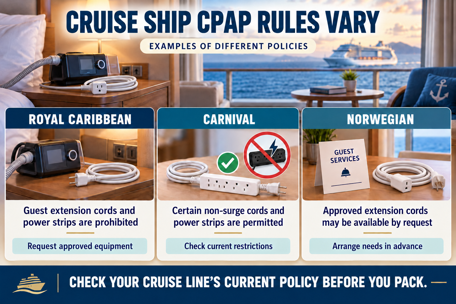 Cruise CPAP infographic comparing example extension-cord and power-strip policies for Royal Caribbean, Carnival and Norwegian, with a reminder to check the cruise line’s current policy before packing.