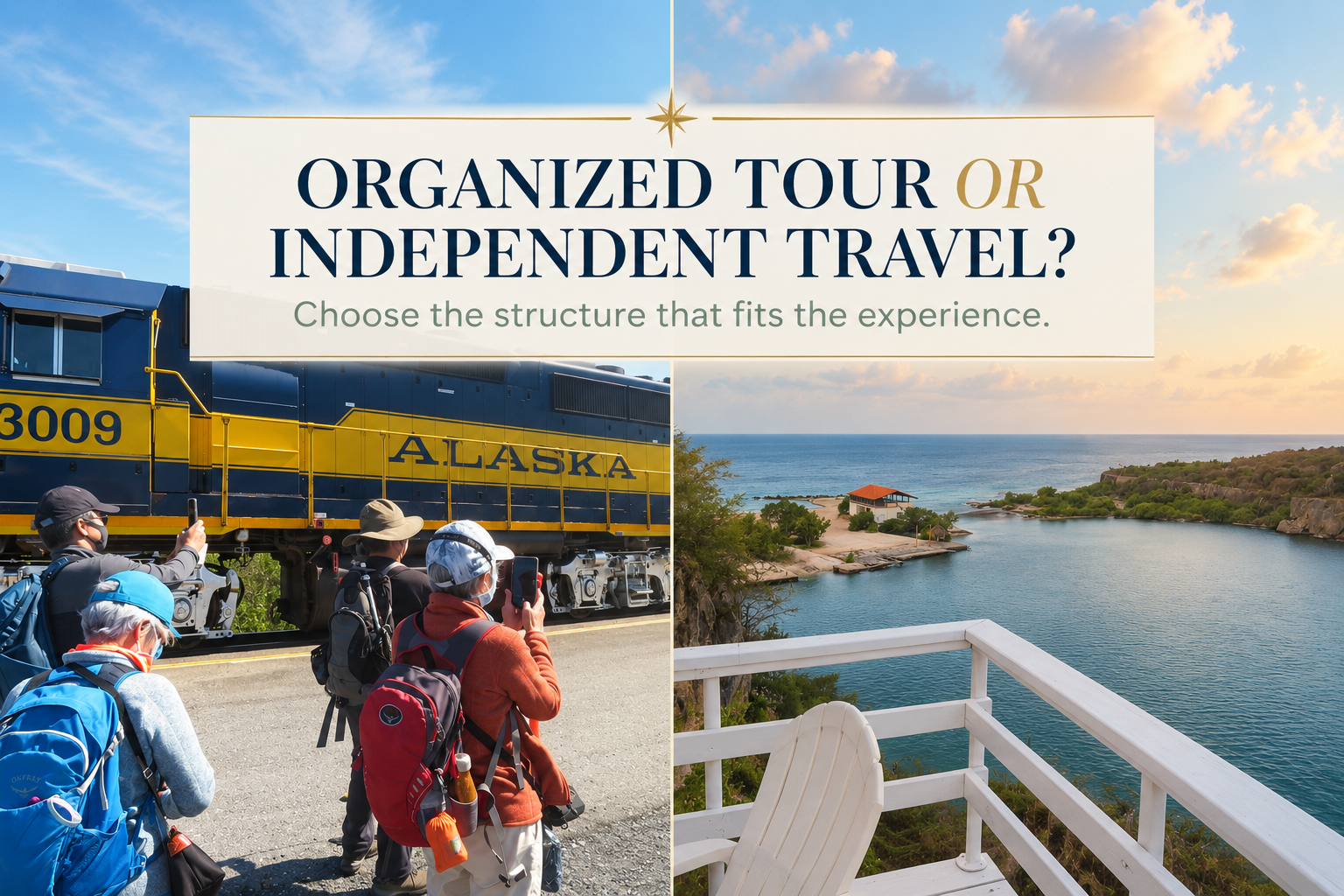 Split image contrasting travelers beside the Alaska Railroad during an organized tour with a quiet ocean view from an independently rented house in Curaçao.