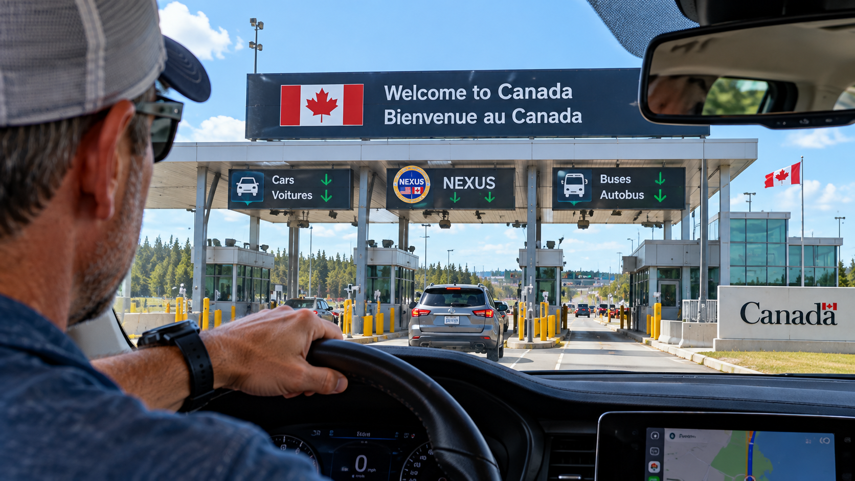 Driver approaching a Canadian border checkpoint by car while traveling internationally with prescription medication.