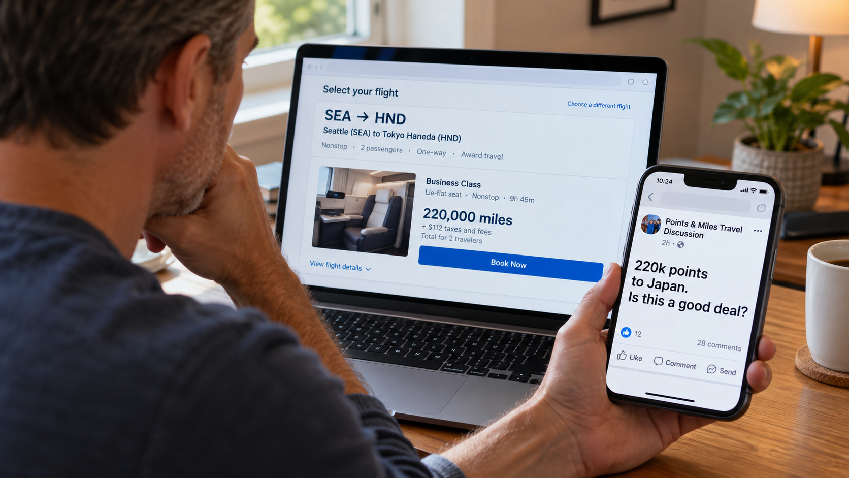 Traveler comparing Seattle-to-Tokyo business-class award flights while asking whether 220,000 miles is a worthwhile redemption.