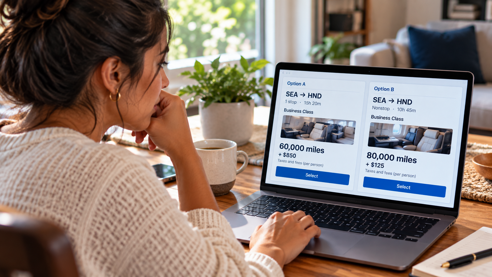 Woman comparing two business-class award flights with different mileage requirements and cash fees, demonstrating why fewer miles do not always mean better value.